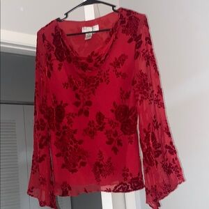 Adrianna Papell Evening Essentials- Red Floral Velvet Burnout Long-Sleeve Top